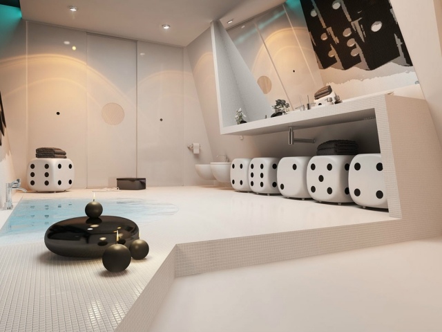 badrum koncept spel kub pall design svart vit