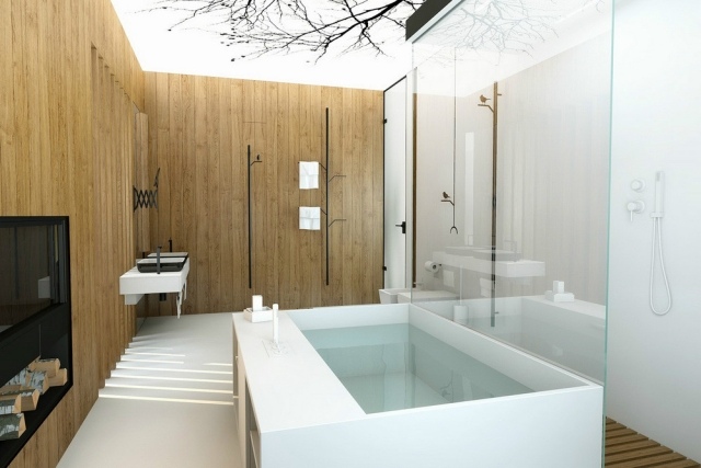 naturinspirerad designvägg trä enormt badkar inomhus spis