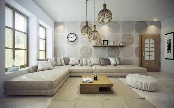 Natursten-golv-med-matta-små-symmetriska-mönster-på-väggen-och-klädsel