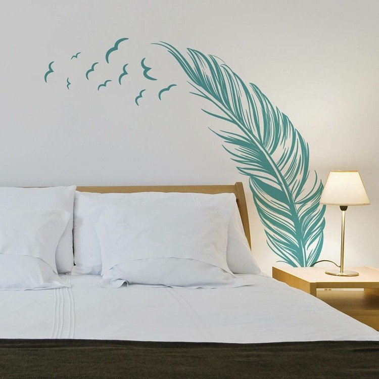 väggdekal-sovrum-fjäder-idé-ljus-blå-fåglar-styrka-nattduks-dekoration