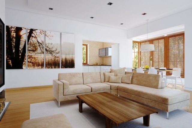 vardagsrum konsttryck träd landskap beige stoppad soffa