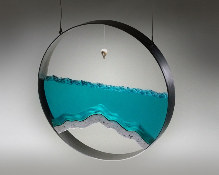 Skulpturglas havsvågor ringar av rostfritt stål som hänger
