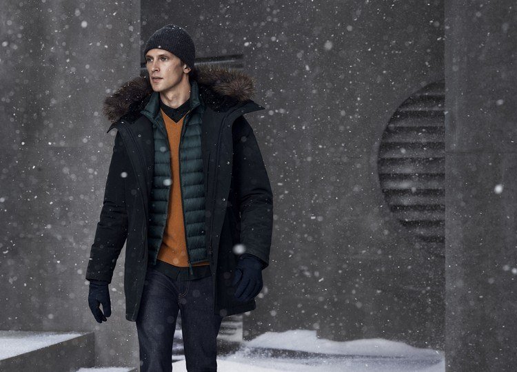 dunjacka stilar idéer kombinationer coola outfits vinter långa kappa snötäcke handskar