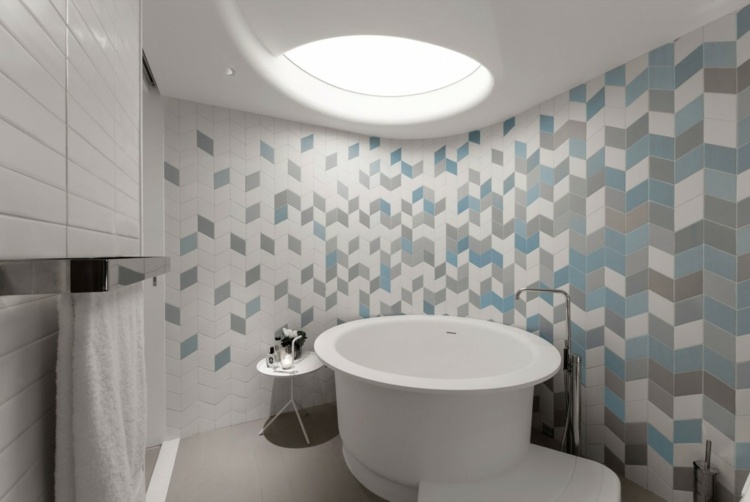 tak design belysning badrum badkar runda kakel ljus blå grå vit