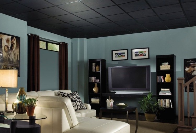 Takpaneler-läggning-svart-tak-hörnsoffa-grädde-vit-tv-vägg-vägg-färg-blå