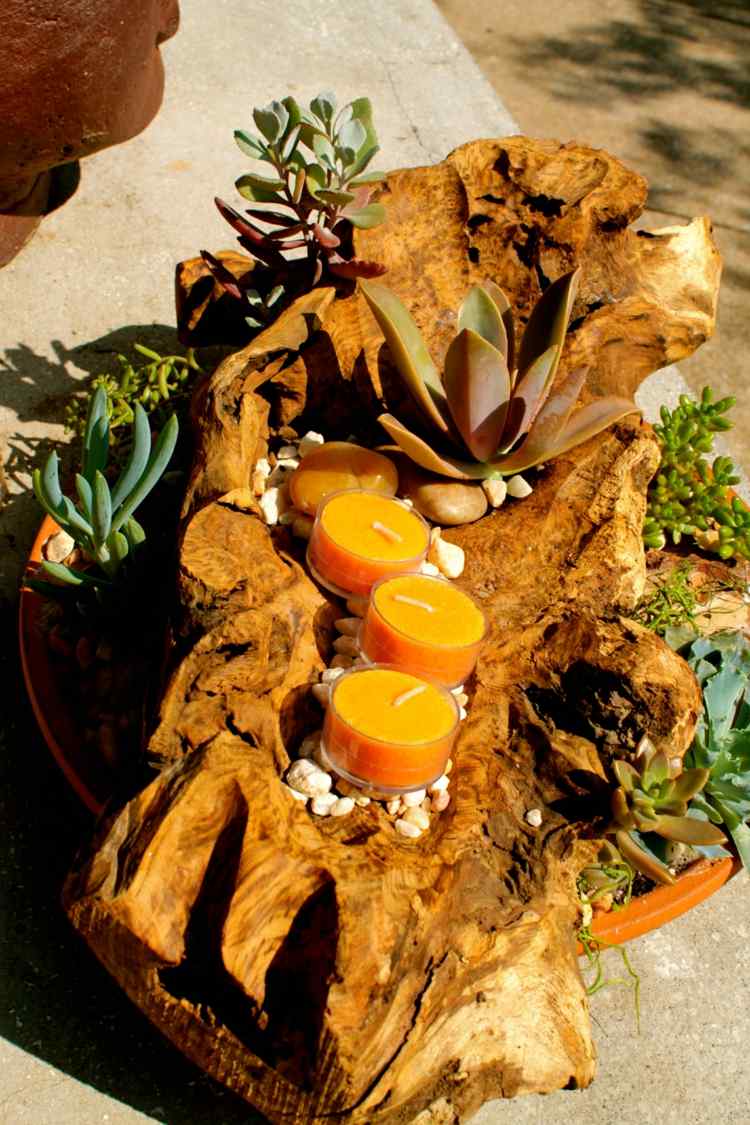 ljusstake trä blomkruka bordsdekoration gjord av succulenter DIY