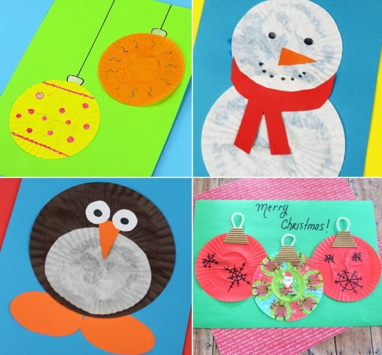 Hantverk med muffinsfodral till jul - bollar, snögubbe och pingvin