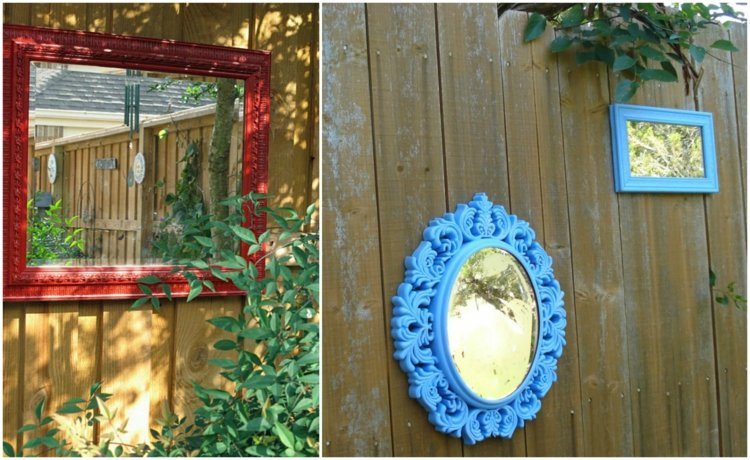 deco-trädgård-staket-spegel-röd-blå-ram-trä