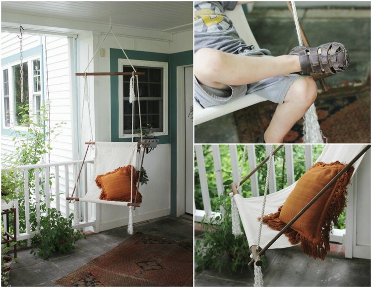 Dekoration för terrassen hängande stol-trä bar-vit-tyg-rep-brun-kuddar
