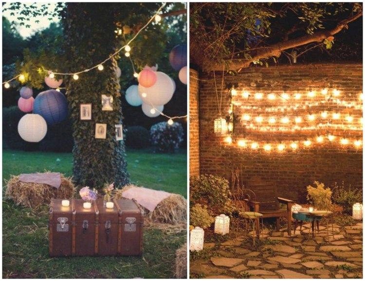 Deco-terrass-fe lampor-ping-pong-boll-trädgård-dekorera-träd-tegel-vägg