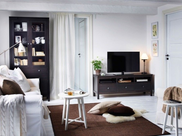 Dekoration för vardagsrummet-skandinavisk-brun-svart-vit-matta-skänk-soffa