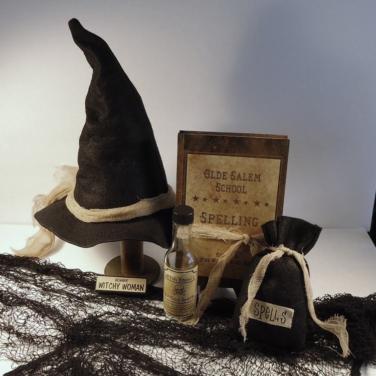 Dekorationsidéer för Halloween-häxa-spets-hatt-present-magi-bok-häxa