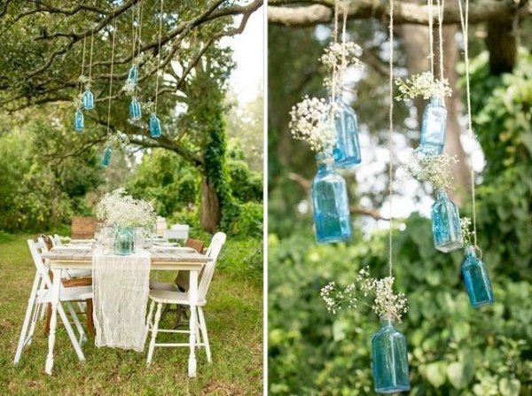 trädgård hängande dekoration belysning gör det själv blå flaskor