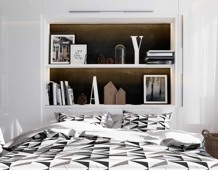 deco-sovrum-idé-enkel-brun-bakgrund-böcker-bilder-trä-konstföremål