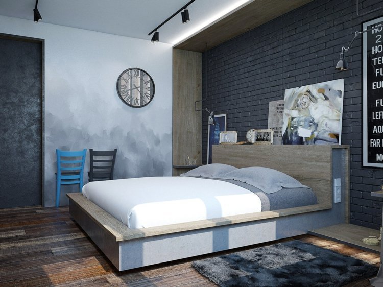 dekoration i sovrummet trä-säng-modern-tegel-vägg-mörk-grå-vägg-design-betong