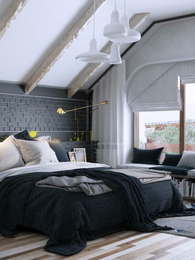 dekoration i sovrummet sluttande tak-svart-accent vägg-klinker-balk-parkett