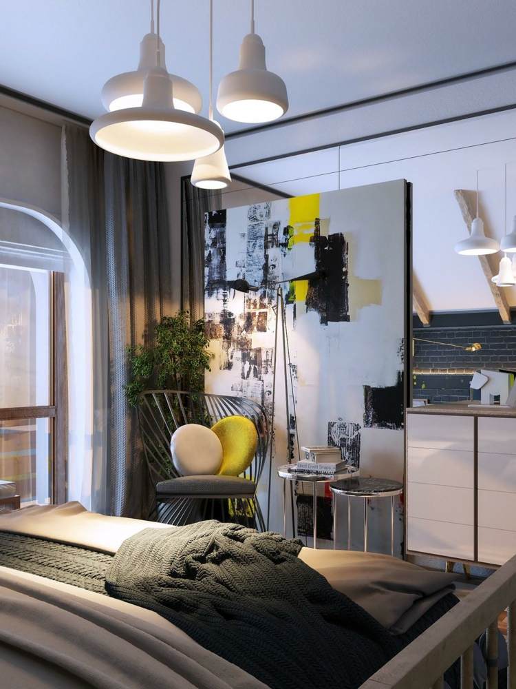 dekoration i sovrummet bild-idé-stor-abstrakt-urban-spegel-vägg-stol-metall