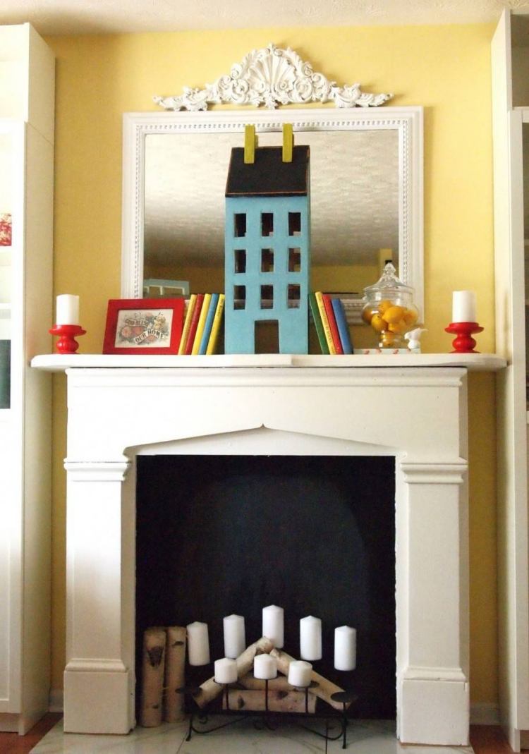 deco-öppen spis-barnrum-vardags-idéer-öppen spis mantel-vit-vägg-måla-gula-ljus-dockhus