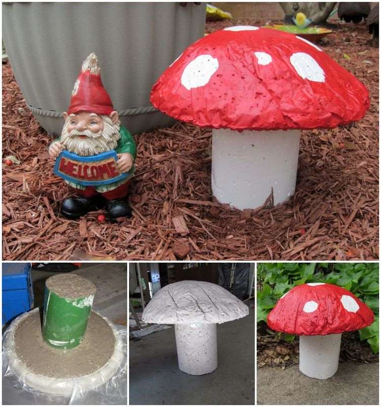 DIY dekorativa svampar för trädgården av betong