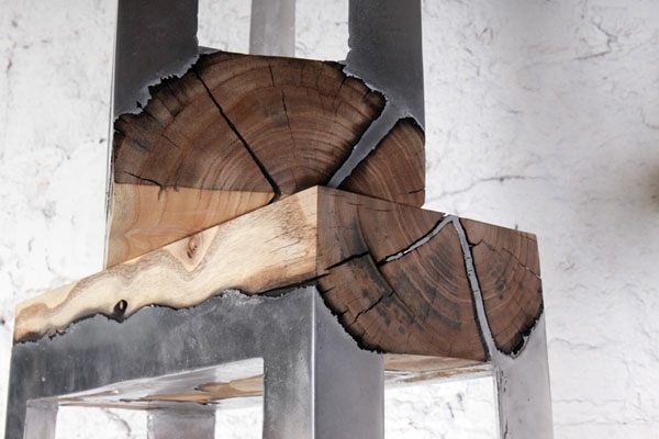 Designmöbler rostfritt stål trädstam rustikt utseende