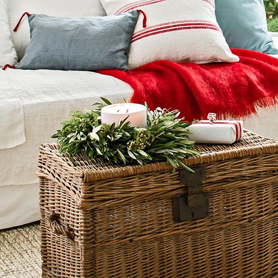 Julbäddsduk röd grön deco mini krans slips pelare ljus sidobord korg