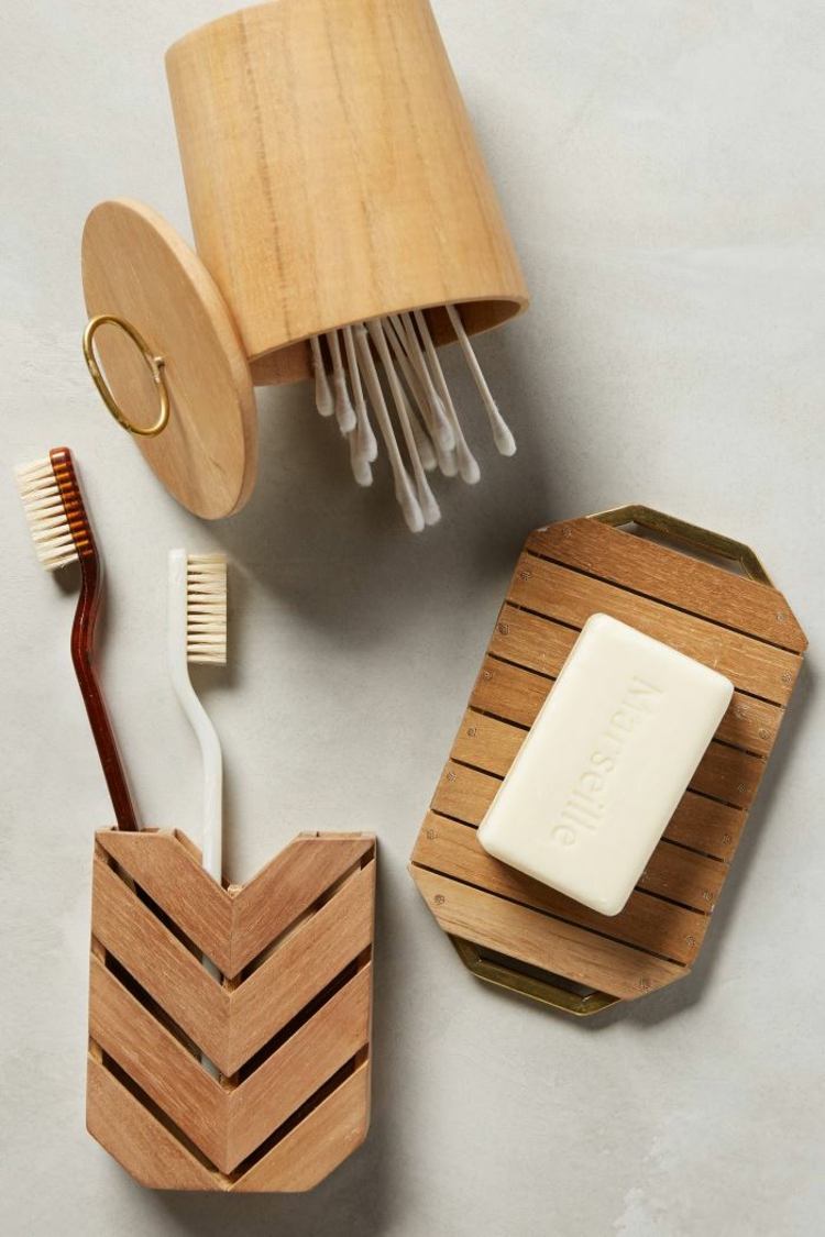 deco teak badrumstillbehör tandborste tvål diskmugg