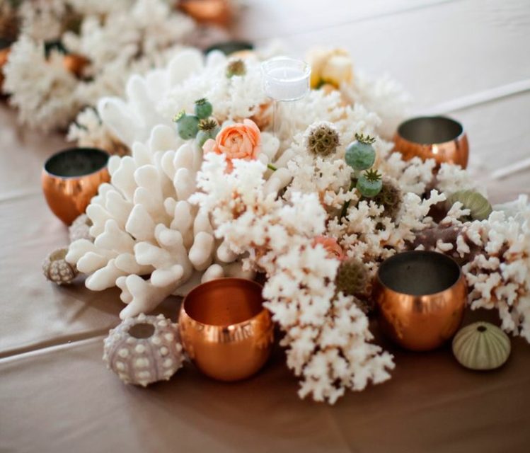 dekoration för bröllopet strand-korall-vit-koppar-lykta