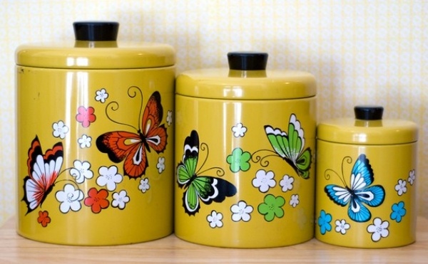 Köksbehållare-Vintage gula fjärilar blommor dekoration