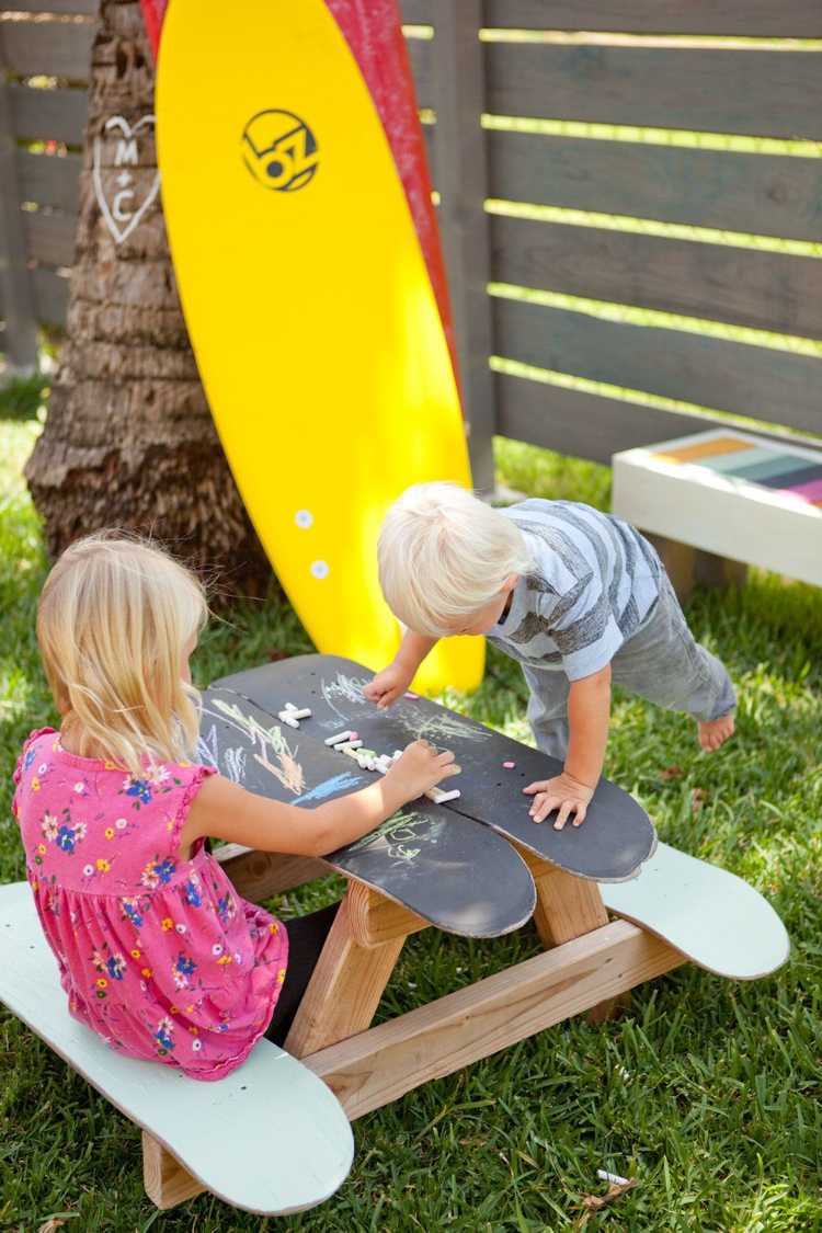 från gamla till nya trädgårdsidéer för barnen Skateboard blir ett målningsbord