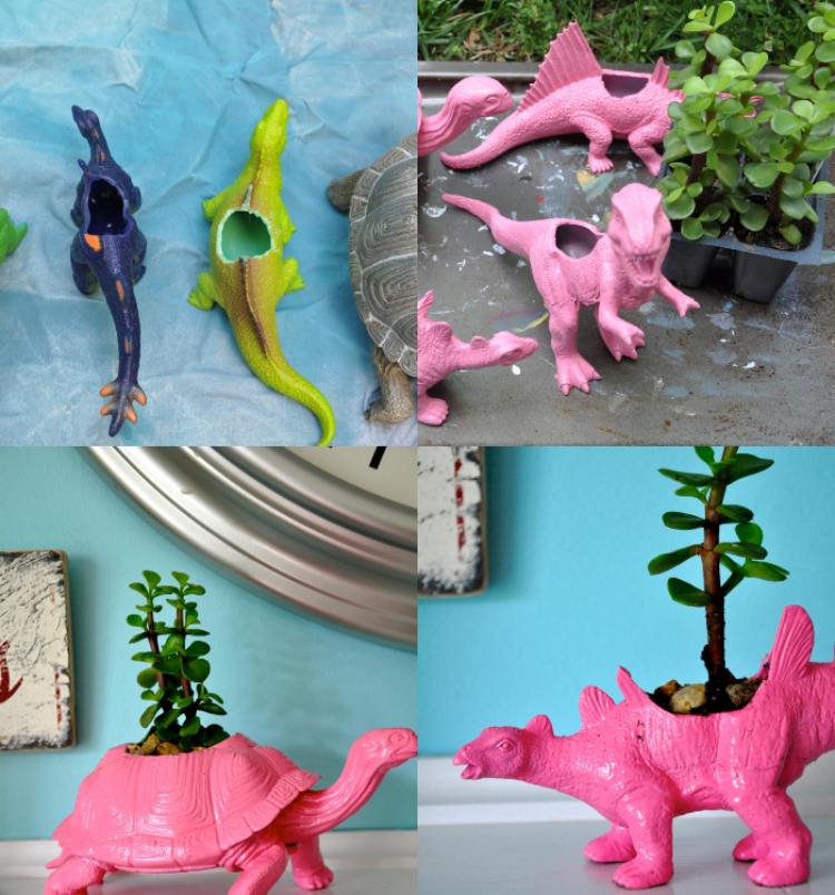 Gör upcycling gammal leksak dinosaur växt kruka själv
