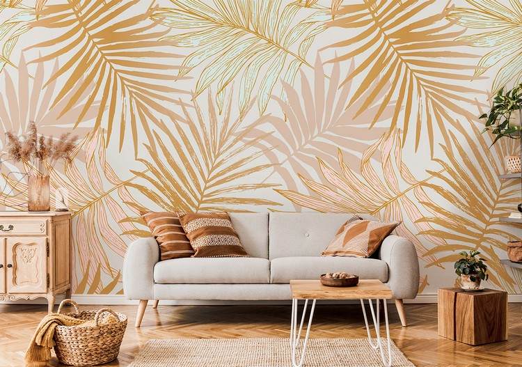 Boho vardagsrum med fototapet palmblad