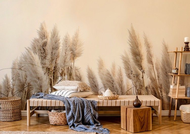 Dekorationer för boho vardagsrum med fototapet pampas gräs