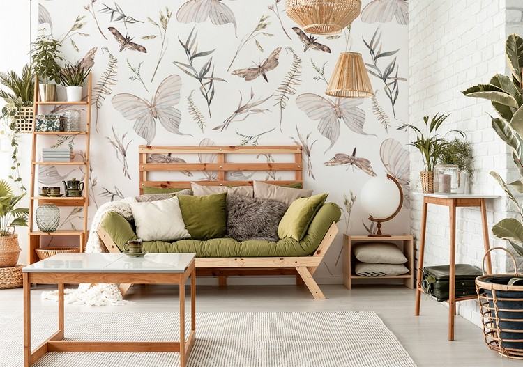 Boho fototapet med fjärilar i vardagsrummet