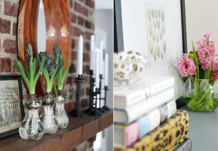 Dekorera efter påsk med vårblommor - hyacinter på mantelpiece eller skänk
