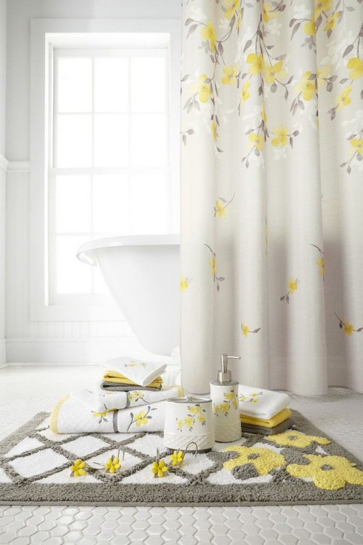 Ta med våren in i huset deco-badrum-duschdraperi-dörrmatta-handdukar-väggkrokar-blommor-gul-grå
