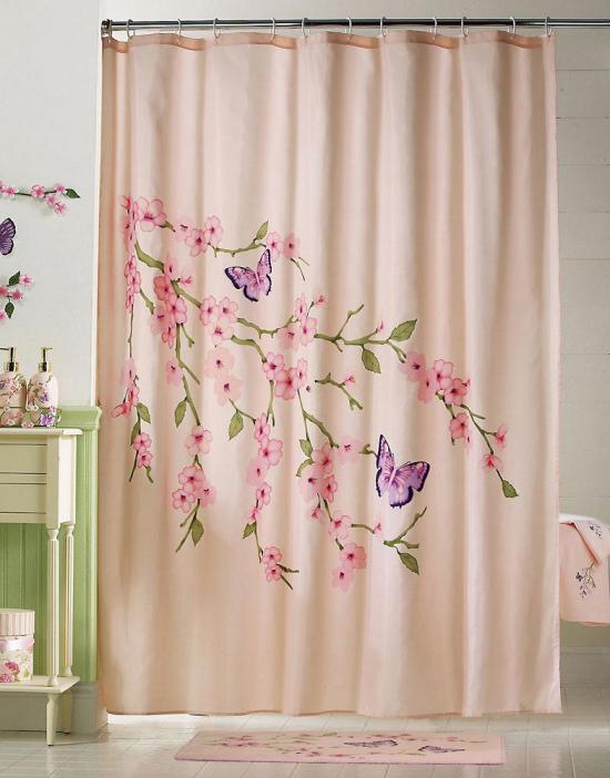 Ta med våren in i ditt badrum badrum gardin rosa blommor fjärilar