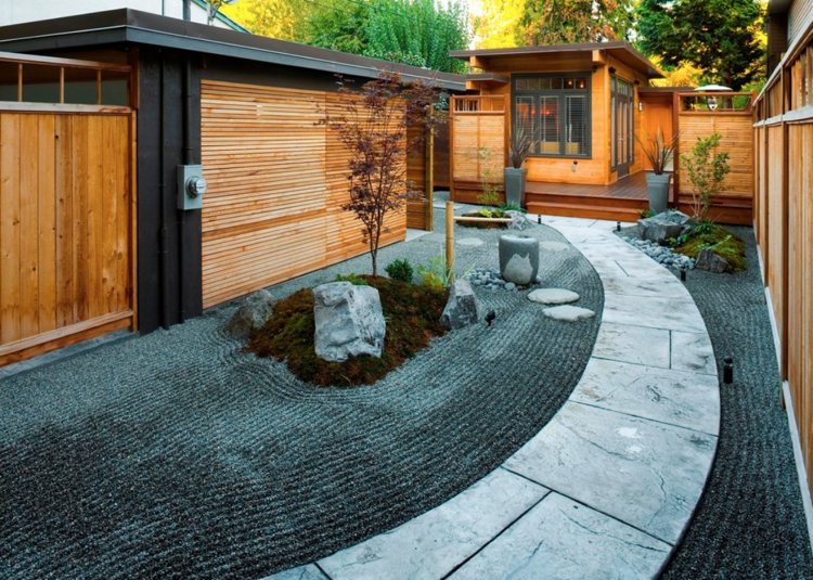 Japansk zen garden grit rock fontän gångväg