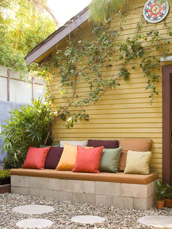 idéer för trädgårdsdesign billig möbleringsbänk färgstark