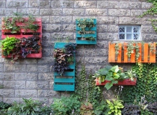 Kreativ trädgårdsdekoration med träpallväggdekorationsidé