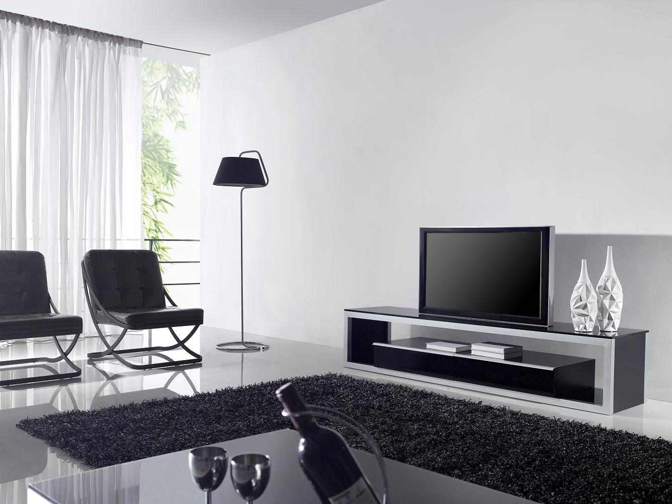 minimalistisk design-vardagsrum-svart-tv-bord