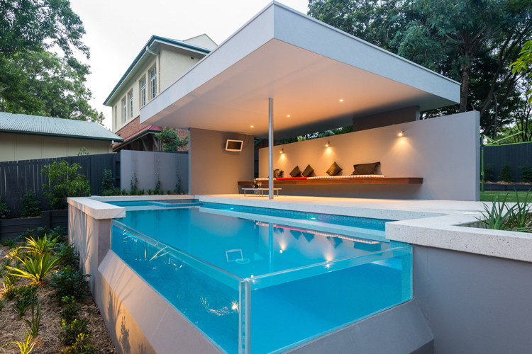 Simbassäng akrylglasväggar modern terrassbänk