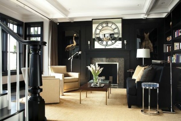 Väggdesign svart väggfärg klassiska möbler