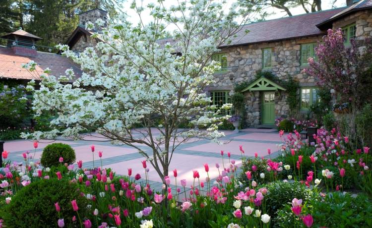 dogwood-trädgård-färgglada-blommor-häck-tulpaner-rosa-vit-rosa-romantisk