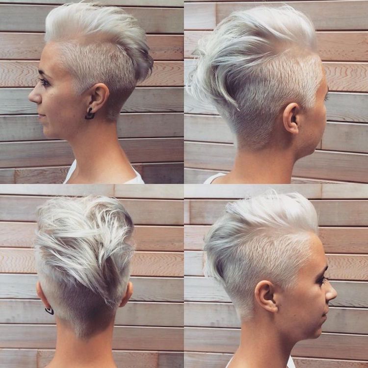 Mohawk cut för kvinnor kort platina blond kort frisyr