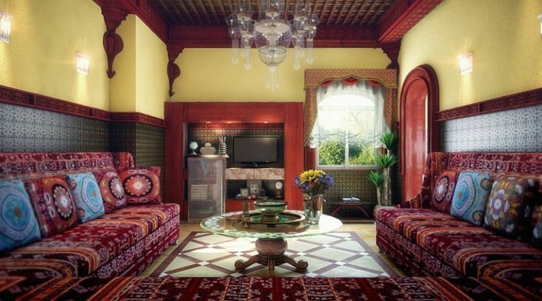 vardagsrumsidén i marockansk stil gul blå röd romantisk