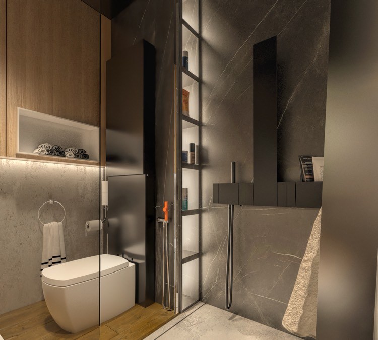 badrum-duschkabin-marmor-exponerad betong-trä