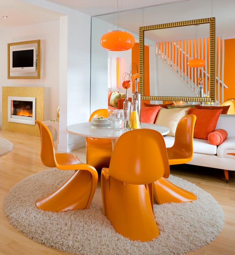 panton stol orange shaggy matta runda bord stil idéer matplats