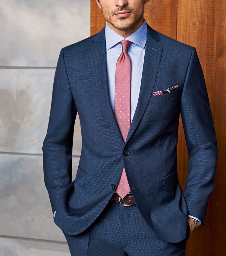 Kostym för män modern passform-mörkblå-affärsbröllop gäst-röd-slips-ljusblå-skjorta
