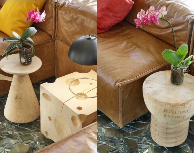 Designgolv - skärmar av spegel - sidobord - trä - kub - vinkorkar