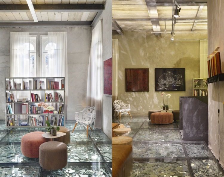 design-golv-spegel-skärvor-betong-väggar-spegling-biblioteksvägg